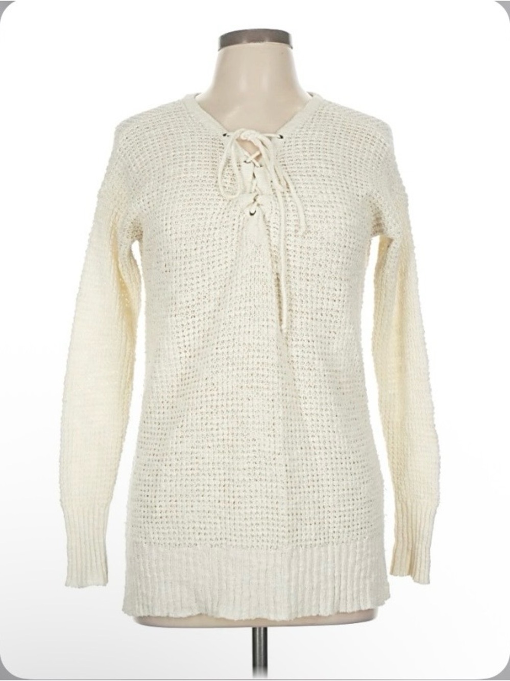 Mossimo Supply Co. cream knit pullover sweater, lace-up neckline w/tassel ties